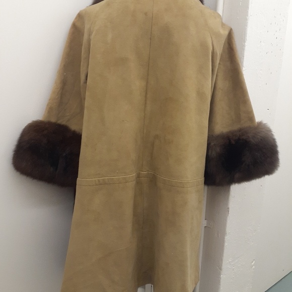 vtg suede swing coat fox trim collar cuff OS M L - Picture 4 of 8